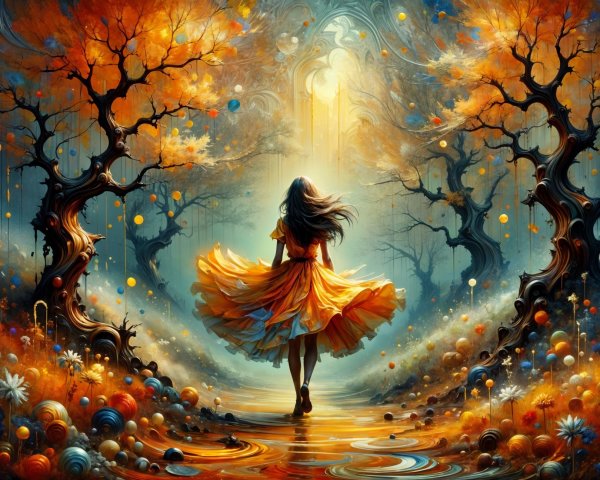 Young Woman in Yellow Dress in Enchanted Forest