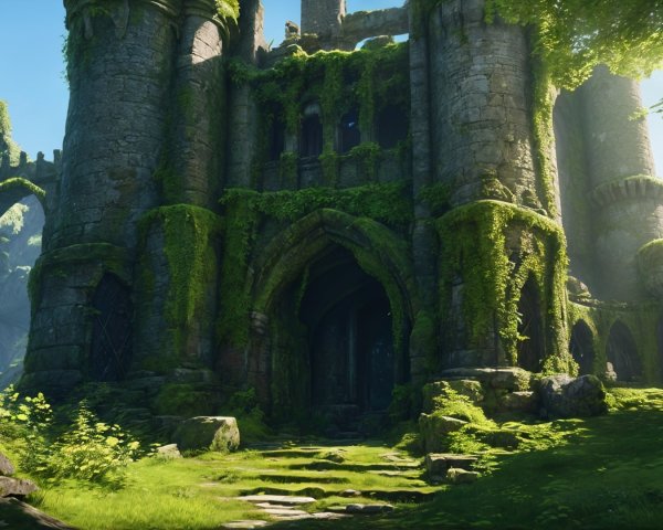 Ancient Castle Surrounded by Lush Greenery and Foliage