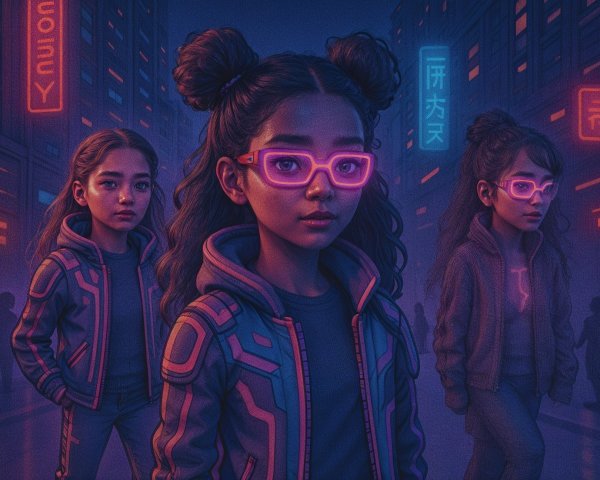 Futuristic girls in neon-lit urban environment with headphones