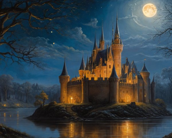 Majestic castle on an island under moonlight and stars