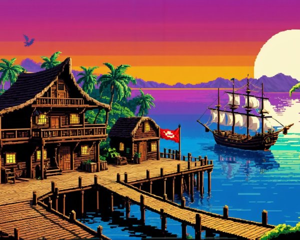 Vibrant Pixel Art of a Seaside Dock and Sunset