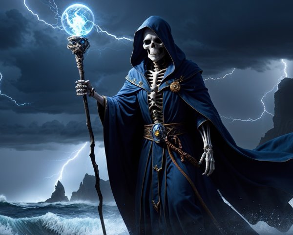 Cloaked Skeleton with Glowing Staff on Rocky Shore