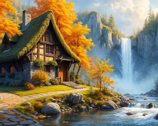Charming Cottage Surrounded by Autumn Foliage and Waterfall
