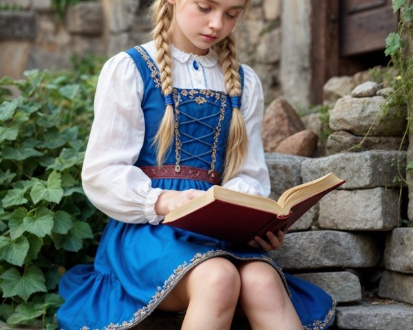 Young girl reading on stone step in serene setting
