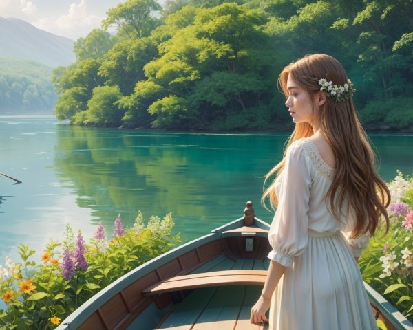Young Woman in Boat Amidst Serene Landscape