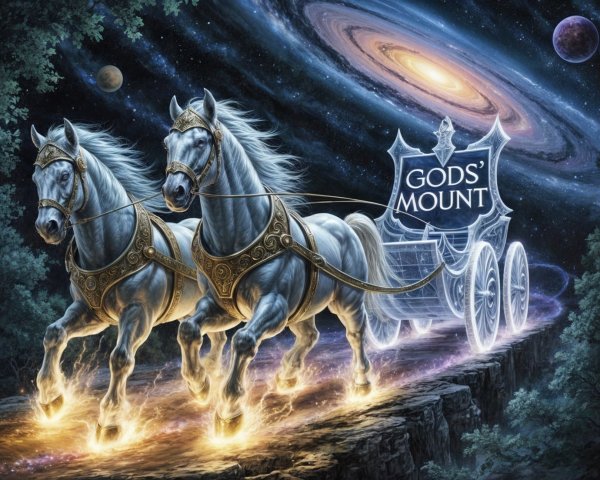 Celestial Scene of Horses Pulling Glowing Chariot