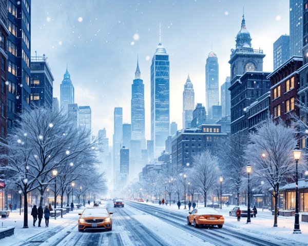 Snowy Cityscape with Skyscrapers and Yellow Taxis