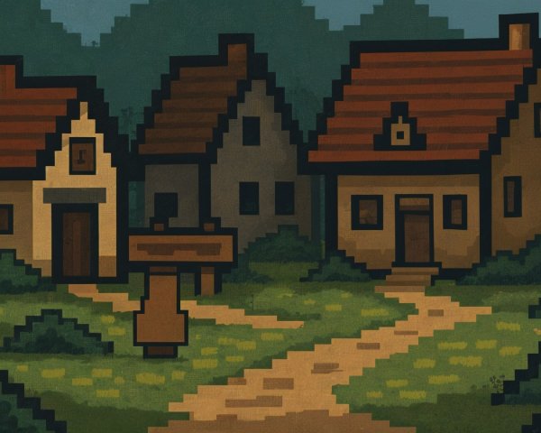 Pixel Art Village Scene with Three Houses and Path