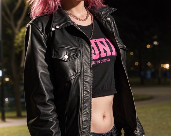 Young woman in park at night with edgy fashion style