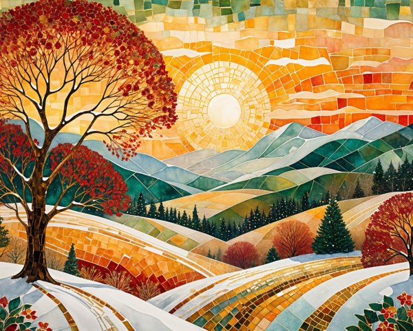 Vibrant Mosaic Landscape with Sunrise and Red Tree