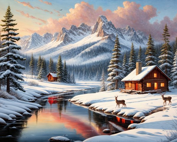 Winter Landscape with Cabin and Grazing Deer