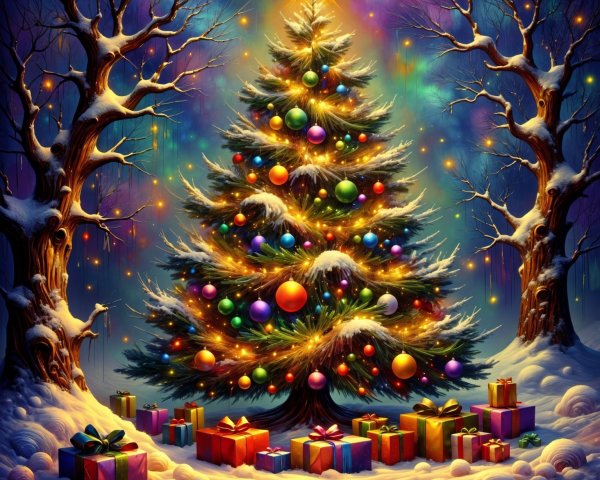 Christmas Tree in Snowy Landscape with Colorful Lights