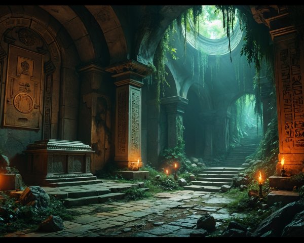 Ancient Overgrown Temple Interior with Hieroglyphics