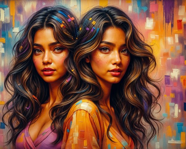 Young Women with Long Hair Against Abstract Background