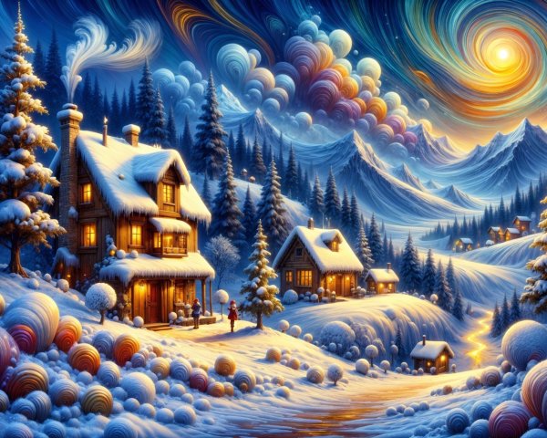 Cozy Winter Scene with Cottages and Snowy Hills