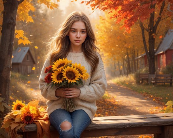 Young Woman in Autumn Foliage with Sunflowers
