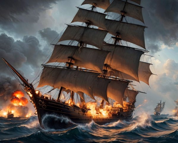 Tall Ship Navigating Stormy Seas with Explosions
