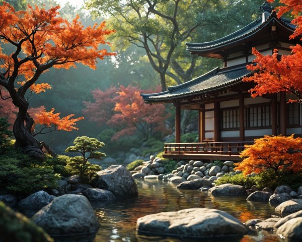 Japanese House Surrounded by Autumn Foliage and Stream