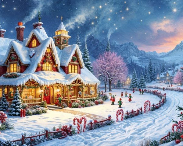 Cozy Snow-Covered Cottage in Winter Wonderland Scene