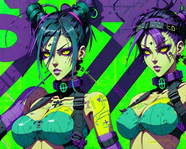 Fierce Stylized Characters with Vibrant Hair and Tattoos