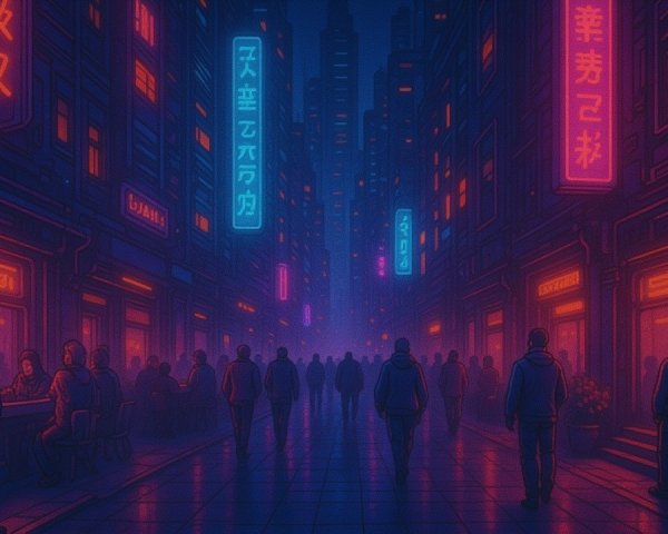 Vibrant Neon-Lit Night Street Scene with Fog