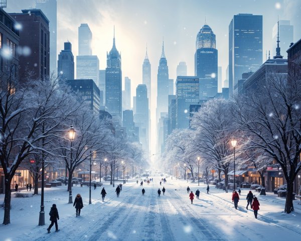 Snowy Urban Landscape with Skyscrapers and Street Life