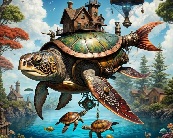 Giant Mechanical Turtle Over Tranquil Lake Scene