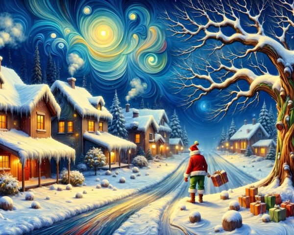 Whimsical Winter Village Scene with Starry Sky