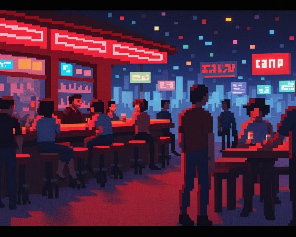 Vibrant Pixelated Bar Scene with Socializing Patrons