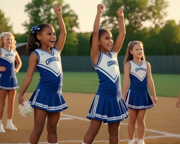 Cheerleaders in Blue and White Uniforms on Baseball Field