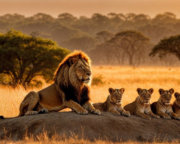 Lion and Lionesses Resting in Golden Savanna Scene