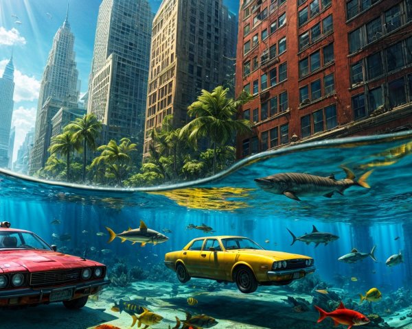 Submerged Cityscape with Cars and Marine Life
