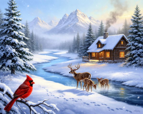 Winter Landscape with Cardinal and Log Cabin Scene
