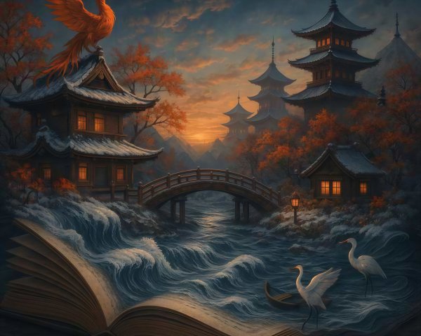 Magical Book Revealing Japanese Sunset Landscape