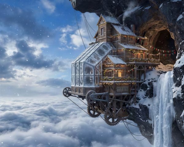 Steampunk Wooden House on Snowy Cliff with Clouds