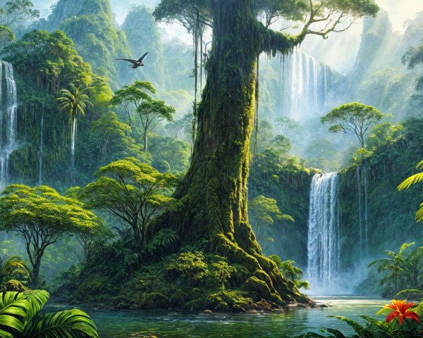 Lush Tropical Rainforest with Waterfalls and Wildlife