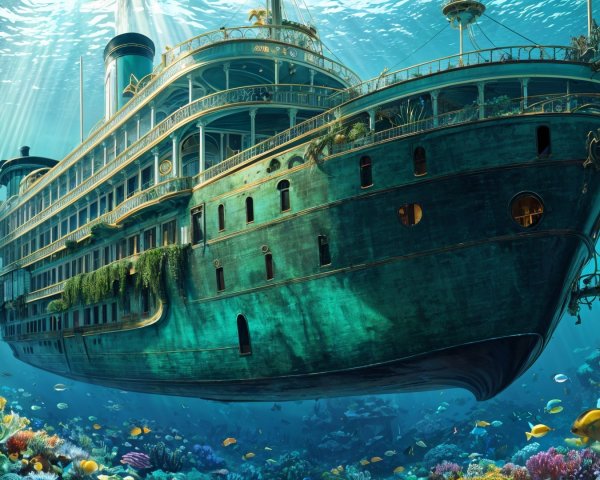 Vintage Ship Surrounded by Coral Reefs and Marine Life