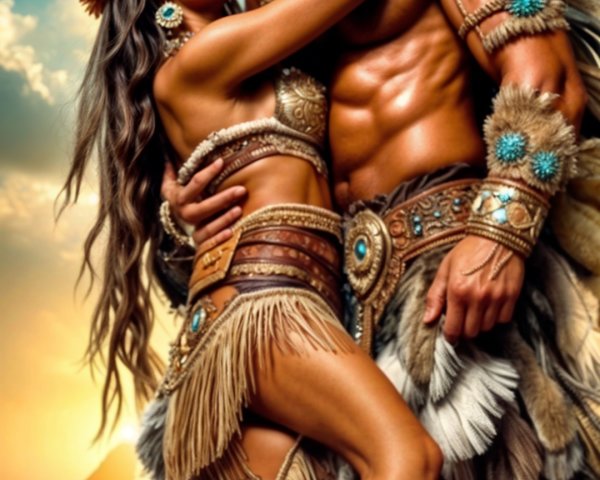 Couple in Tribal Attire Embracing at Sunset