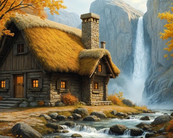 Cozy Rustic Cabin by a Serene Stream in Autumn