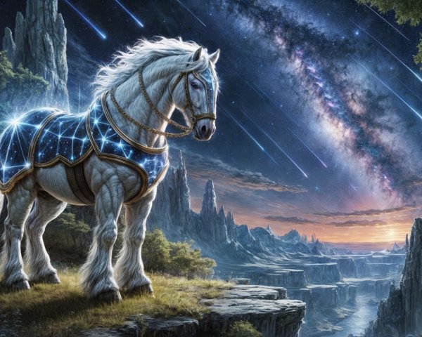 Majestic white horse on cliff with cosmic background
