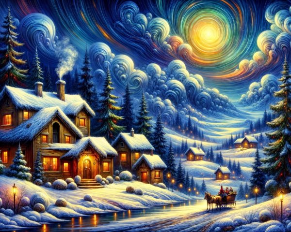 Winter Landscape with Cottages and Snowy Trees