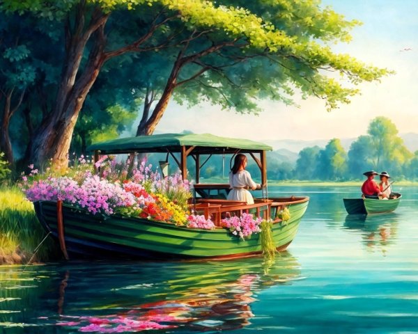 Serene Landscape with Colorful Boat on Tranquil Lake