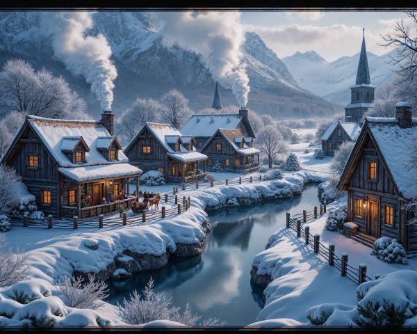 Winter Village Scene with Cottages and Snowy Landscape