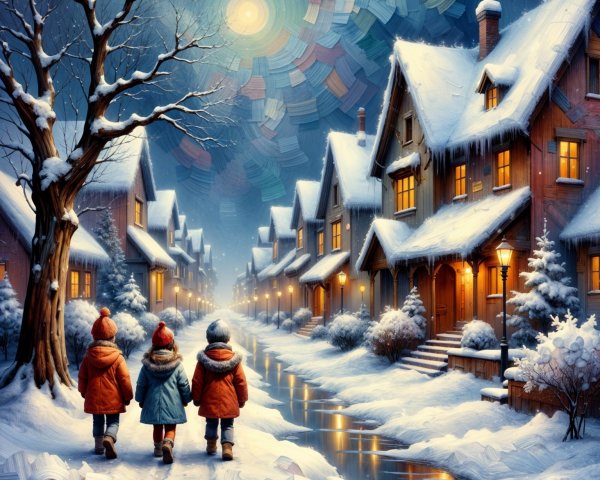 Children in Winter Coats on a Snowy Street Scene