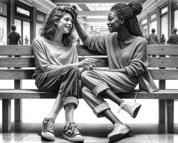 Young Women Enjoying Conversation in Bright Mall