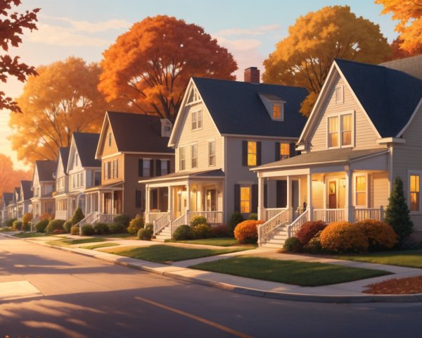 Charming Suburban Street in Autumn Evening Light