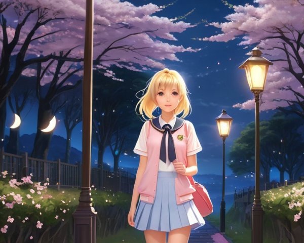 Young girl on a tree-lined path under starlit sky