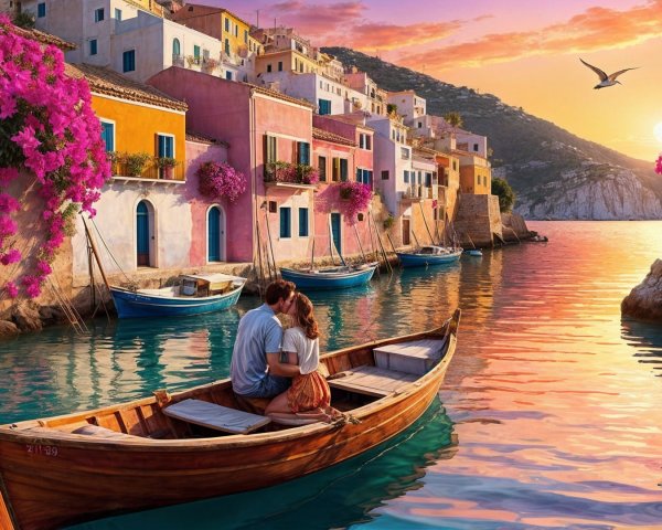 Romantic Waterfront Scene with Colorful Houses and Sunset