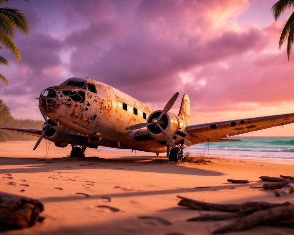 Old Rusty Airplane on Beach at Sunset with Palm Trees