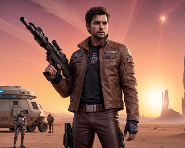 Futuristic Desert Scene with Blaster-Wielding Man